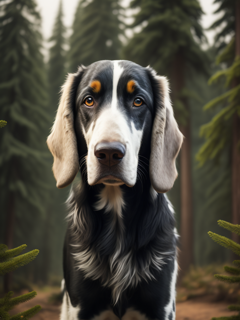 English setter dog portrait surrounded by fir tree forest in black metal outfit
