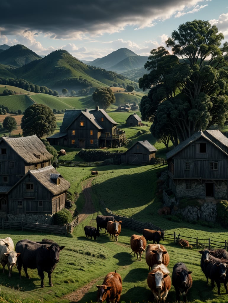 hirsute in the style of Quaint farm with rolling hills and grazing livestock