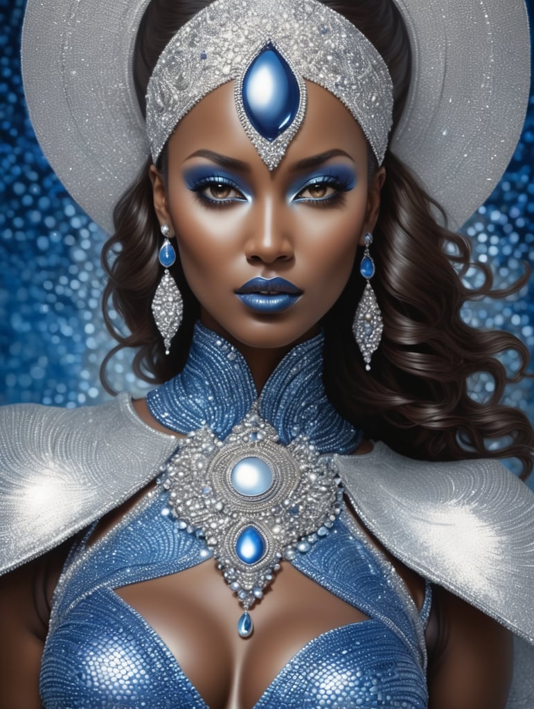 a ed woman in blue and silver looks like she has some white on, in the style of nene thomas, enoch bolles, dark silver and brown, pointillist optical illusions, african influence, hyper-realistic water,