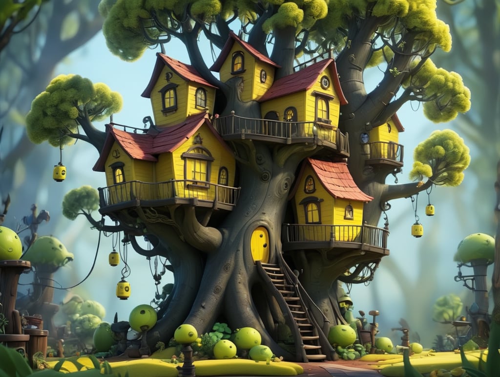 An elaborate, whimsical, bright yellow treehouse in the style of Tim Burton on a bright sunny day. The tree's leaves are an electric lime green color. the tree trunk is a dark brown.