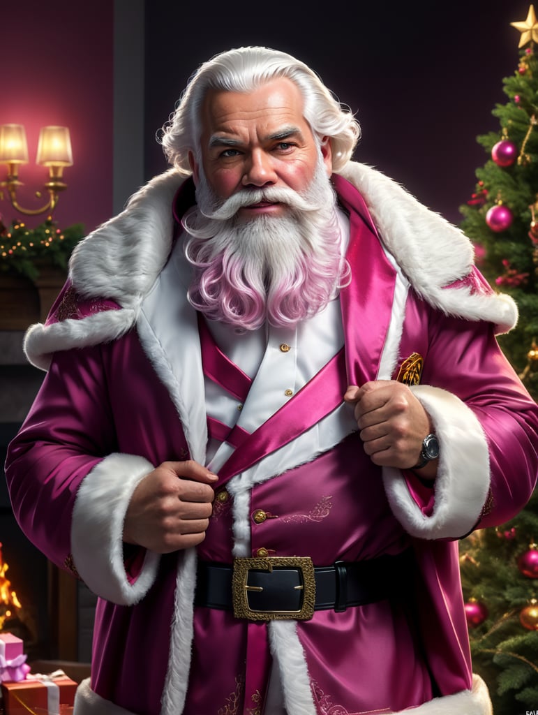 babbo natale moderno, con capelli e barba bianchi, abiti rosa scuro e un mood elegante e sofisticato. La barba con taglio particolare, ed un fiocco rosa scusa che la raccoglie sulla lunghezza