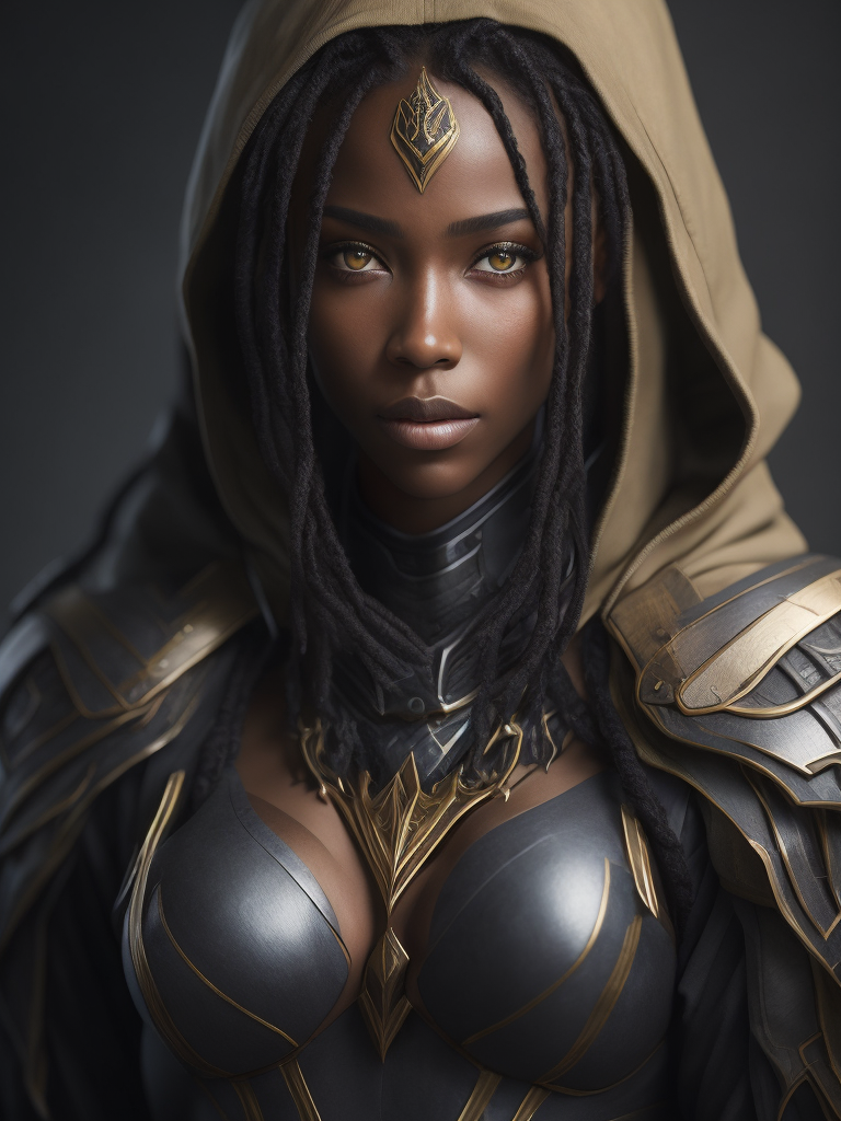 best quality, intricate details, 1girl, senna \(league of legends\), 1girl, dark-skinned female, dreadlocks, hooded cape, green eyes, solo, detailed face, ultra detailed eyes, looking at viewer, cowboy shot, upper body, lich, necromancer, undead, brightness, light rays,