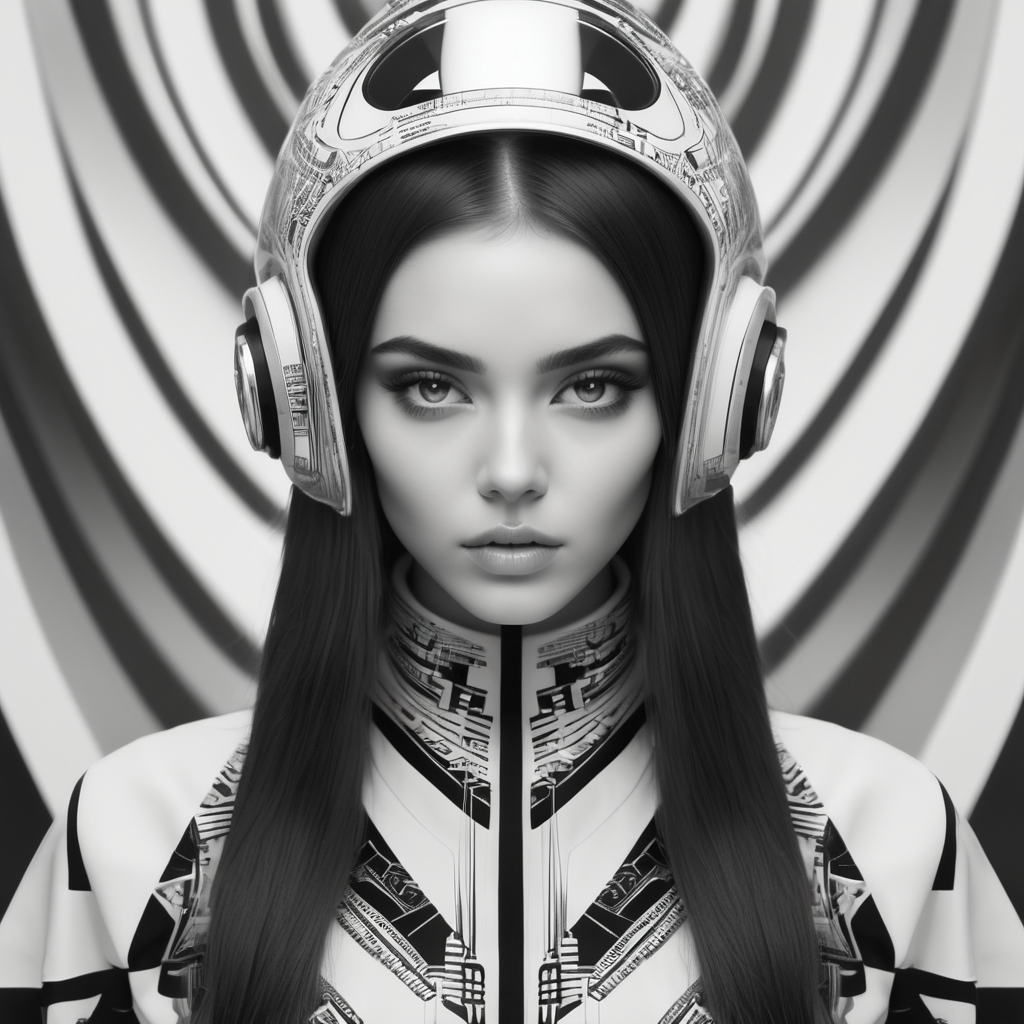 Cute girl model, retro futurist of high fashion, made in symmetrical black and white psychedelic style, black and white beauty, optical illusion, glitch art, flirty, shot on Canon