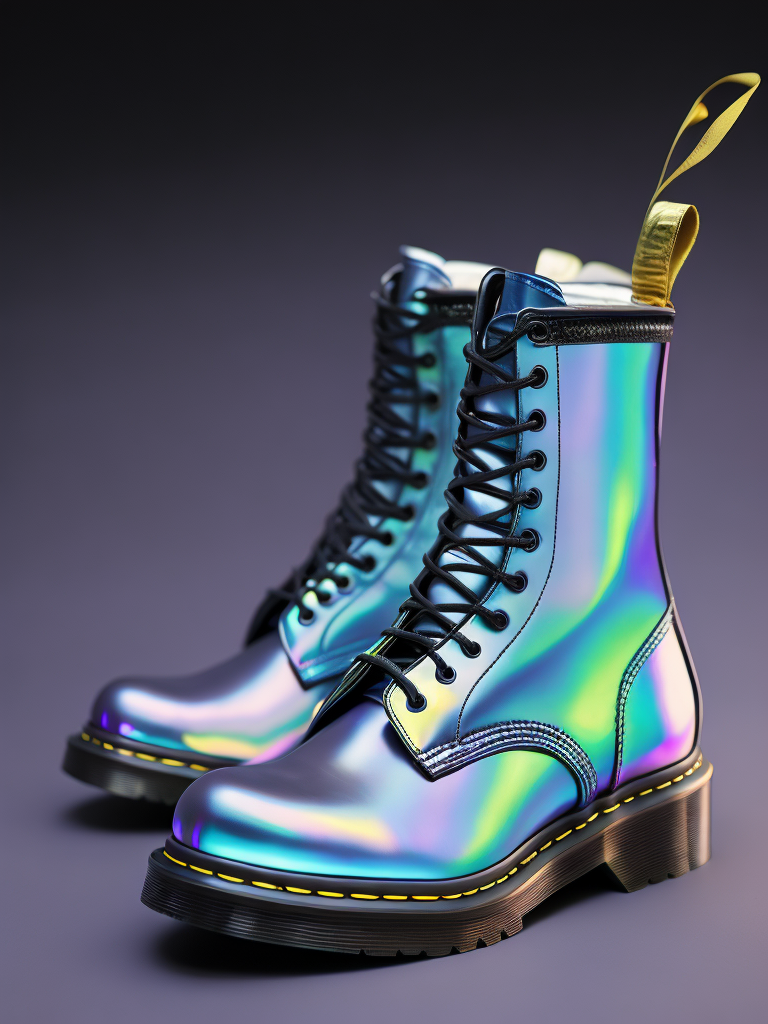 MADE OF IRIDESCENT FOIL + a holographic transparent shoe by dr.martens, octane render, blender, realistic, detailed