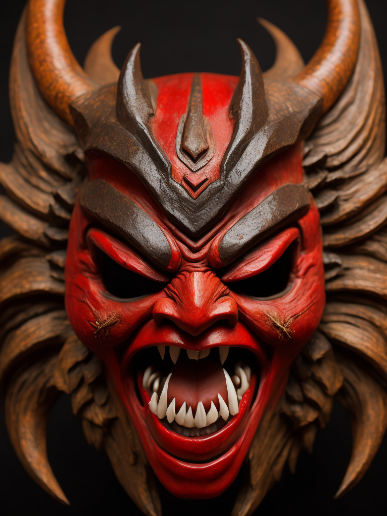 wooden red japanese demon mask with fangs and horns, black background, aggressive, Depth of field, Incredibly high detail