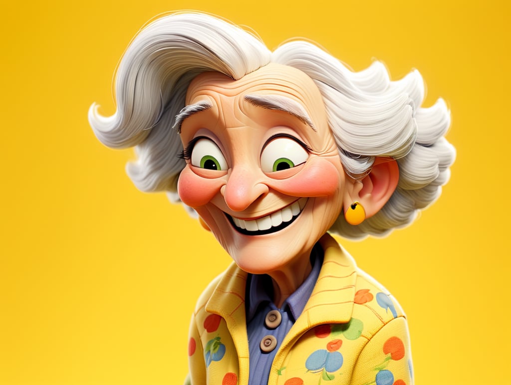 Smiling and cheerful old lady in a striped jacket on an isolated yellow background