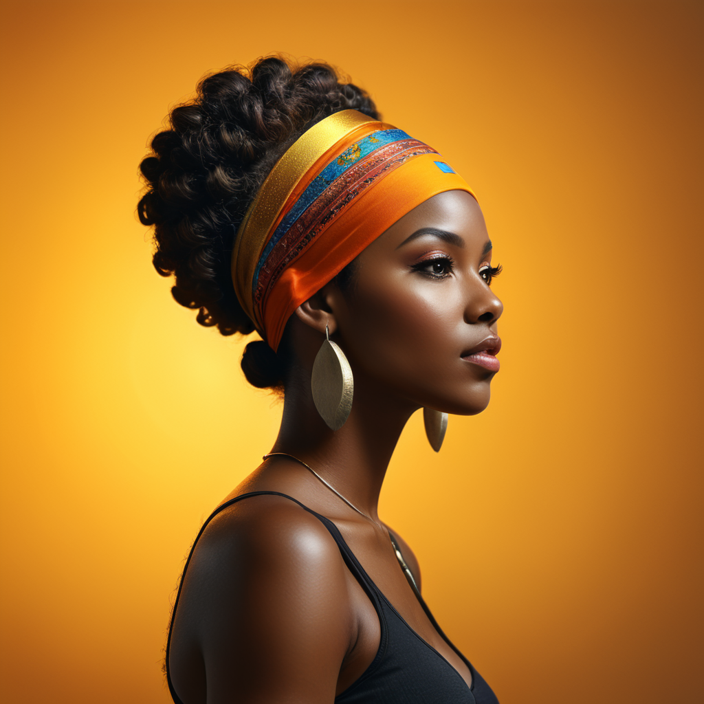 A side profile portrait of a black woman, headband, vibrant dark skin tone, shiny skin, studio lighting, ultra-realistic photography