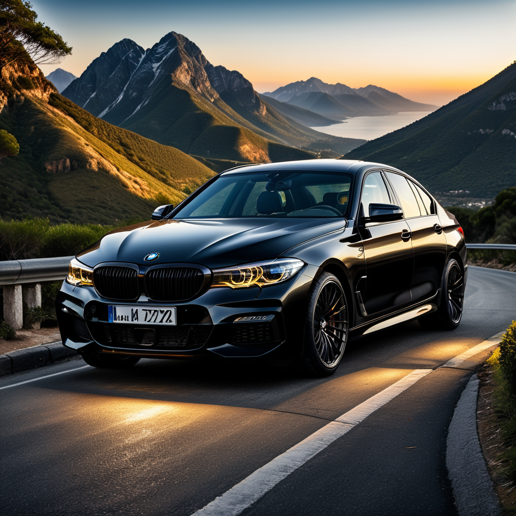 A beautiful black BMW Sedan standing on the mountain road,highly detailed evening time, Car Bonnet Stripes Graphics Hood, blue sea in the background of car, highly detailed car,highly detailed headlights and white DRL's, highly detailed matt finish colour, highly detailed Alloy Wheels, ultra realistic, photorealistic, 32k.