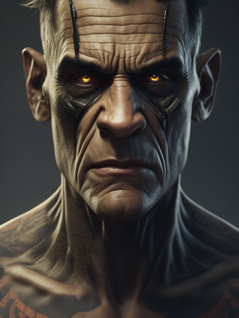 frankenstein with tattoos, scars, stitches