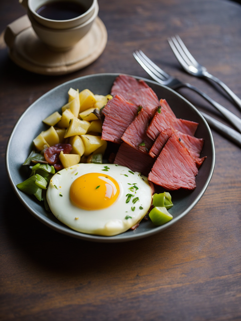 A delectable plate of Corned Beef Hash, with perfectly seared cubes of corned beef, golden-brown diced potatoes, caramelized onions, and colorful bell peppers, topped with a sunny-side-up egg, a sprinkle of fresh chives, and a drizzle of tangy hollandaise sauce, placed on a rustic wooden table, surrounded by vintage cutlery and a steaming cup of coffee, Photography, with a macro lens capturing the rich textures and vibrant colors, --ar 1:1 --v 5