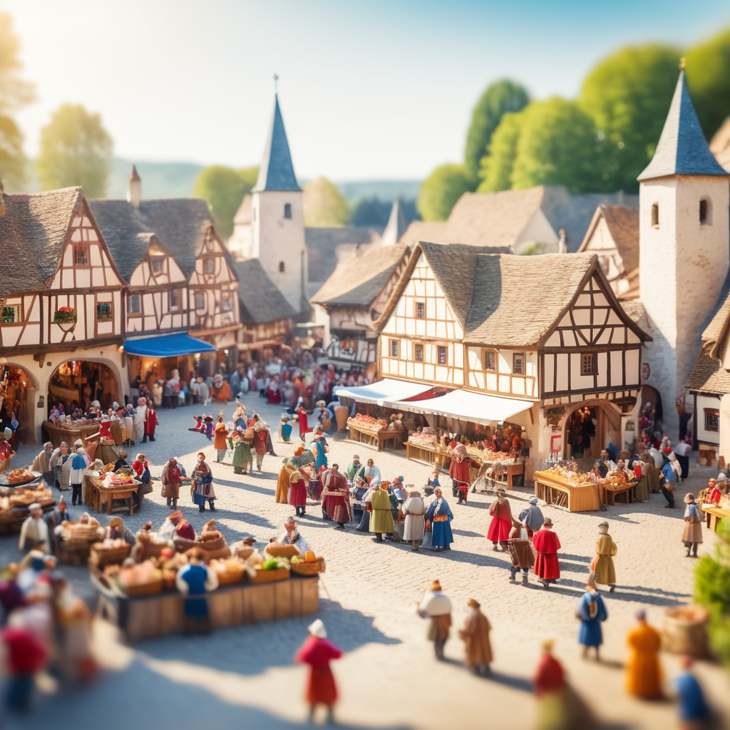 A medieval-inspired creative concept is depicted in a tilt-shift photograph capturing the joyful ambiance of a village fete and fair