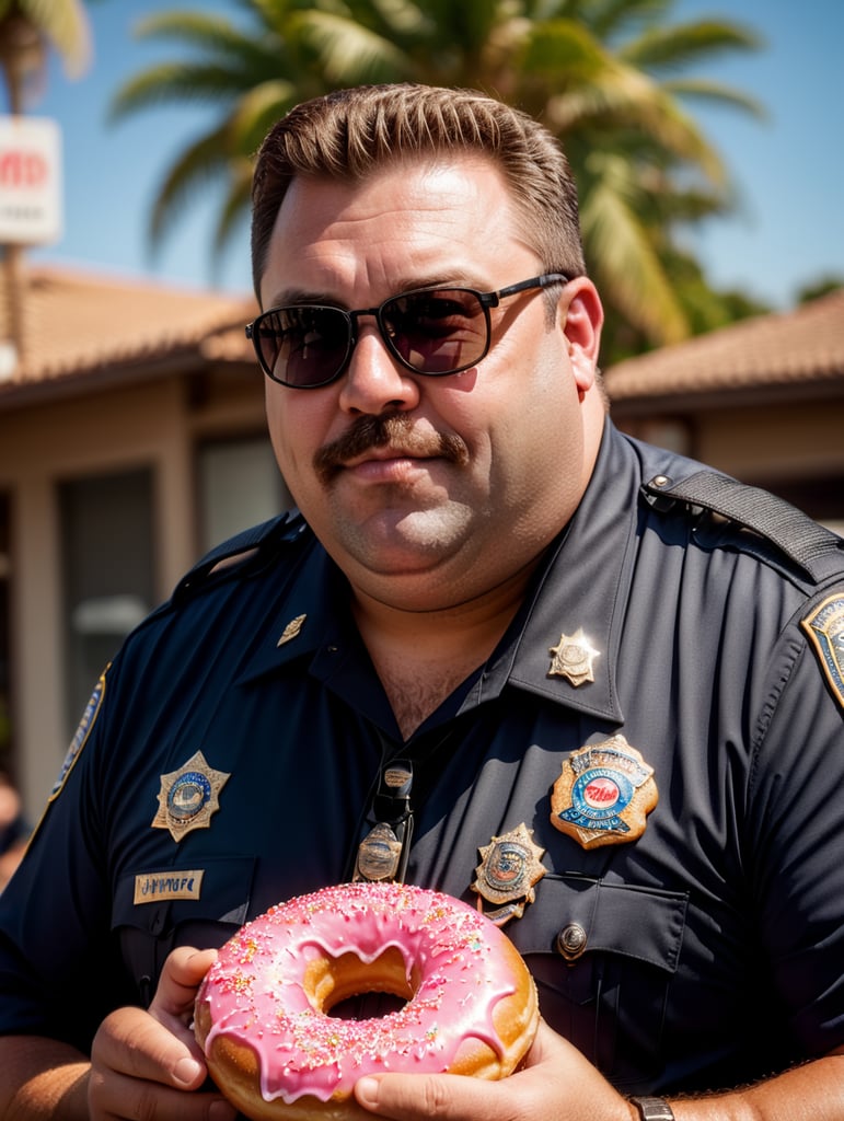 very fat cop with donut, happy, sunglasses, image, portrait