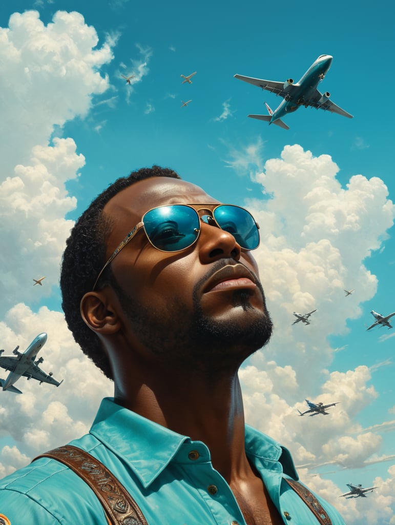 a black man raised his head up, looks at the sky, sunglasses, one airplane flies in a clear sky and leaves a mark, summer, turquoise shades, style of Richard Corben