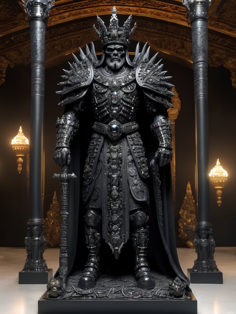 full body obsidian sculpture of the ruler of the dead and the underground, made of all black materials, reflective black obsidian bones, bejeweled armour and crown, sharp, extremely detailed, extremely intricate, volumetric lighting, photorealistic, 8k