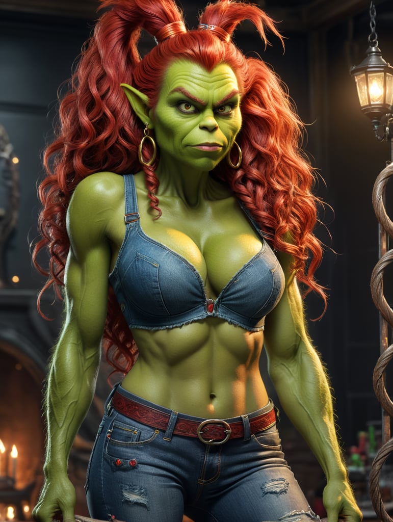 Grinch.long curly red pony tail.big chest.big belly.big hoop earrings.tanktop.jeans.heydudes.light makeup.dark eyeliner