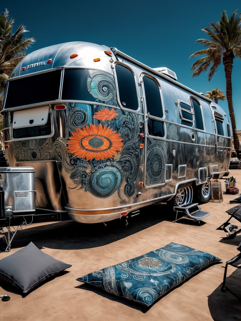 Airstream camping trailers, batik, intricate details, surreal, Alien, Cyberpunk Trashcore Style, s 1000