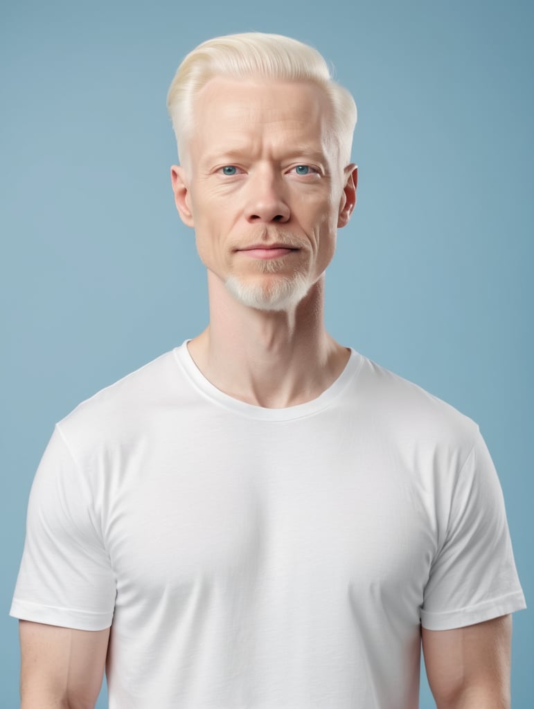 A middle-aged albino man wearing a white T-shirt, Contrasting studio light, isolated, blue background, mockup, mock up