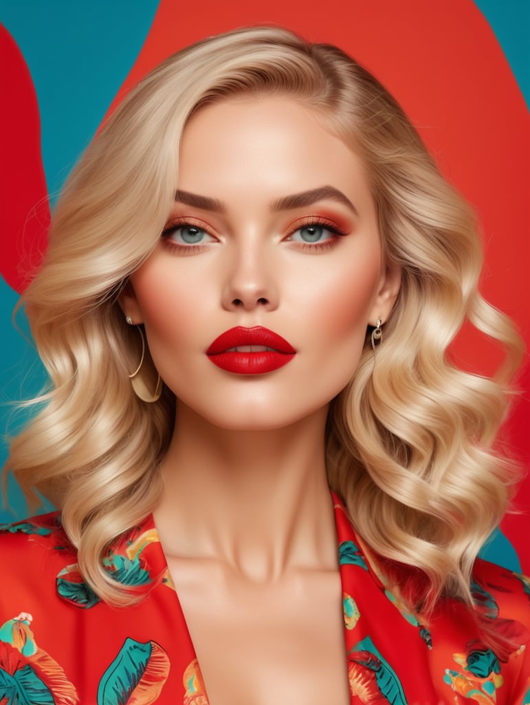 A beautiful blonde woman with long wavy hair and striking red lipstick, decked out in a vibrant pop art outfit. Solid color background, high fashion advertising campaign. Fun collection pieces in an ethnic and bohemian atmosphere with 2024 summer colors