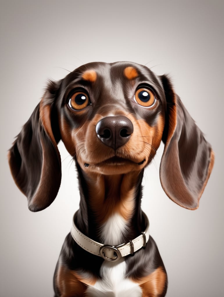 A dark brown dachshund with big brown eyes, floppy ears, and white chest, in the style of a Pixar movie character