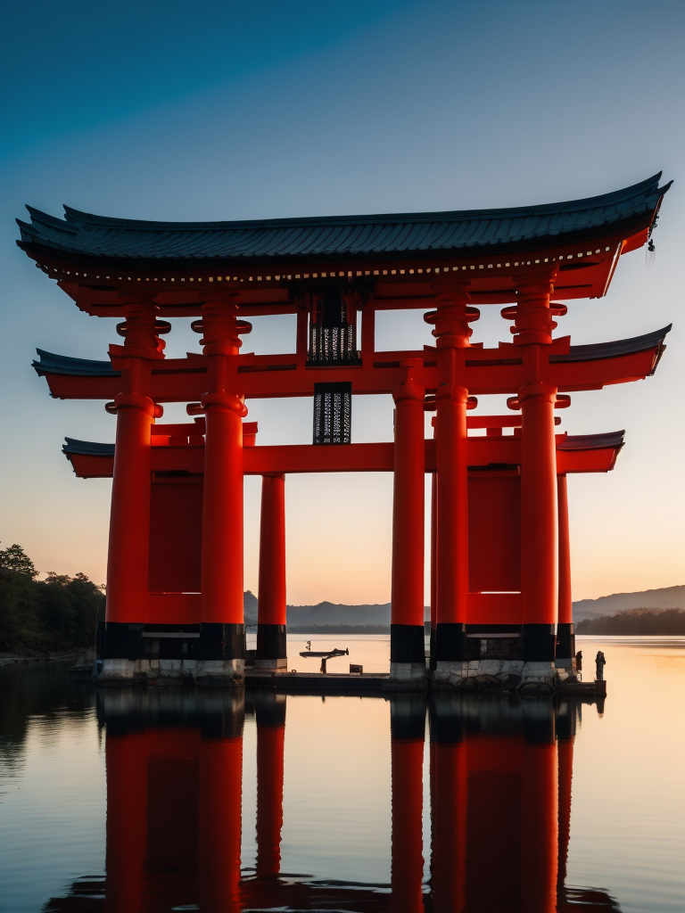 Red torii gate in middle of a lake, Dense forest on the edge of the lake, Bright and saturated colors, Japanese culture, photorealistic, contrast light