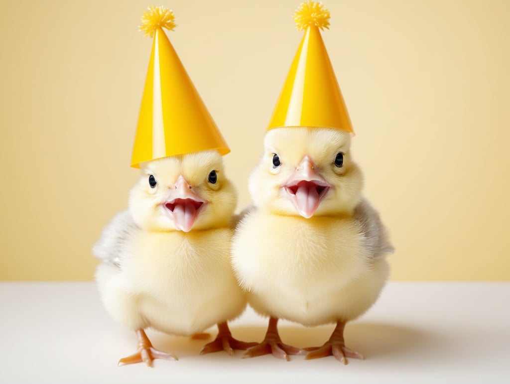 portrait of a Yellow Baby Chick Singing Happy Birthday, stands front camera with birthday cap, happy birthday image