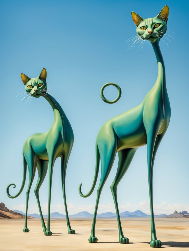 Green cats with very long, thin legs. Painted in the style of Salvador Dali. Blue sky.