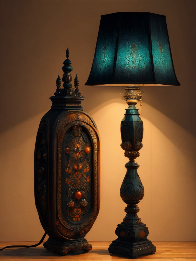 wooden floor lamp, carved black wood, decorated with gems