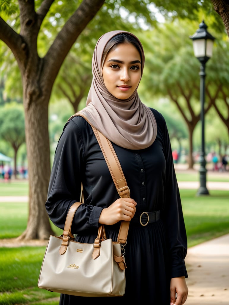 Девушка в хиджабу с сумкай на руке в парке