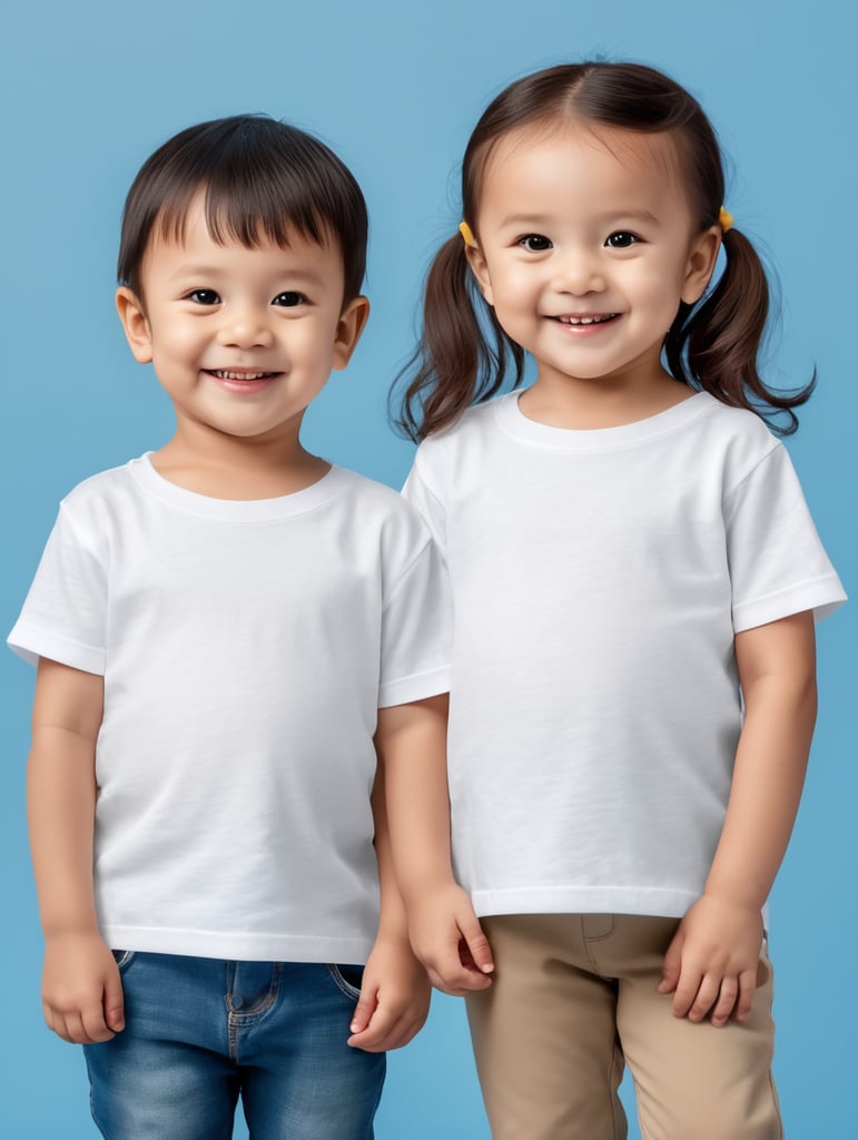 a Little boy and girl wearing white t-shirts, standing in front of blue background, blank shirts no print, 3 years old smiling toddlers, photo for apparel mock-up