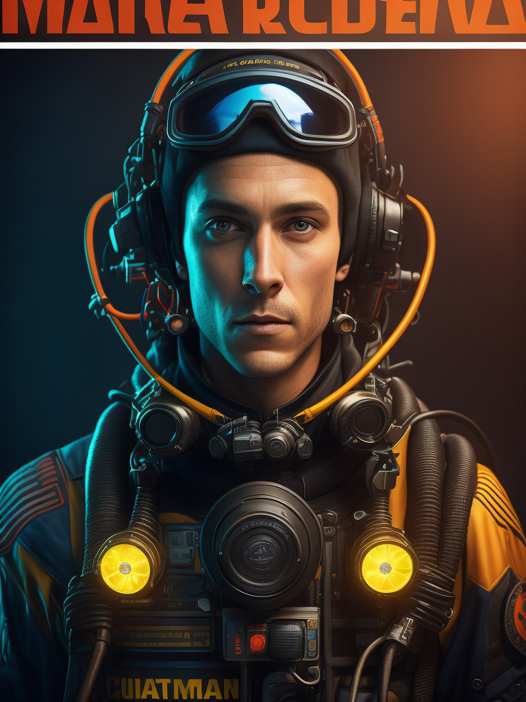 Portrait of commercial diver, ultra realism, super detailed, neon colors, magazine cover, professional shot, magazine photography, bright saturated colors, sharp focus, highly detailed