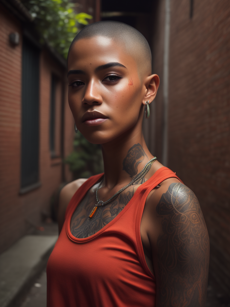 beautiful indigenous teen girl, buzz cut, tattoos, gang member, sleeveless red shirt,in an alley