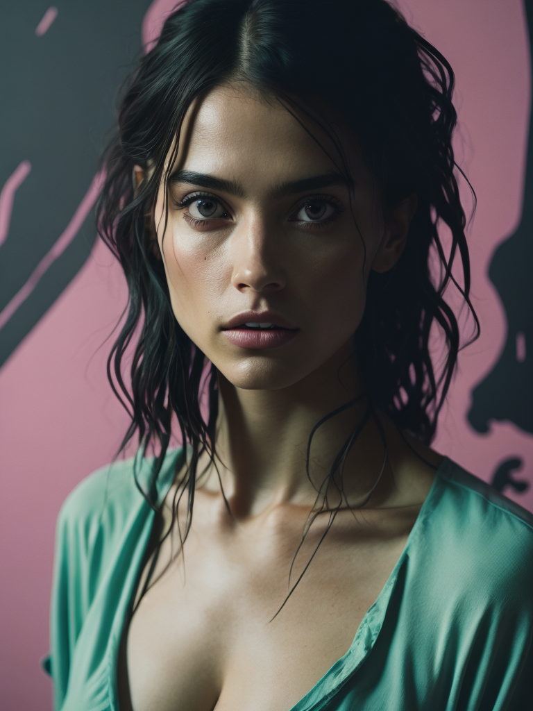 Gorgeous, youthful lady, teary eyes, vaporwave, synthwave, vivid, trippy, surreal maximalism, comic-style ink art.