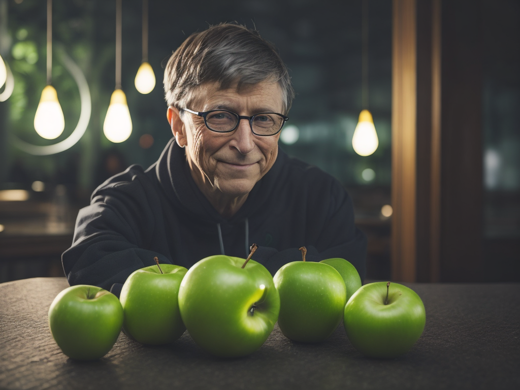 Bill Gates juggling green apples, bright and saturated colors, highly detailed, sharp focus, Dramatic Lighting, cyber-punk style