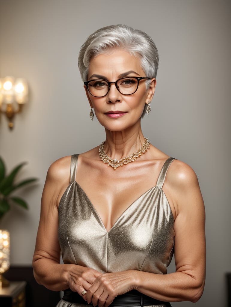 A portrait of a beautiful stylish older woman with white platinum short hair and big glasses, glamorous Hollywood portraits, highly realistic, daz3d, women designers, high resolution, very fashionable, colorful, dress as young woman