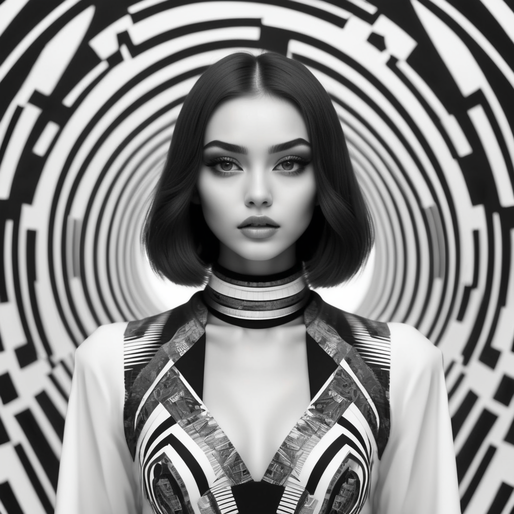 Cute girl model, retro futurist of high fashion, made in symmetrical black and white psychedelic style, black and white beauty, optical illusion, glitch art, flirty, shot on Canon