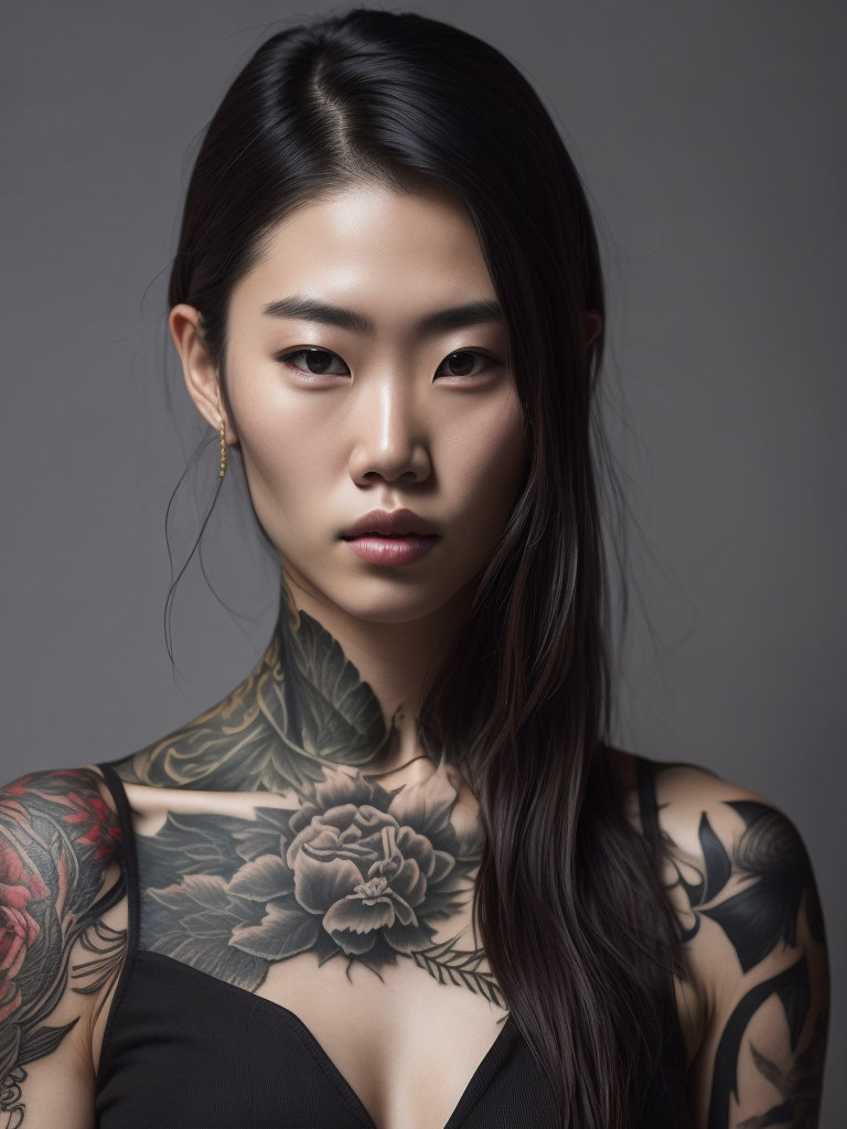 Young beautiful female Korean tattoo model, cute tattoo over whole body, hyperrealistic, photorealistic, masterpiece, award winning photography