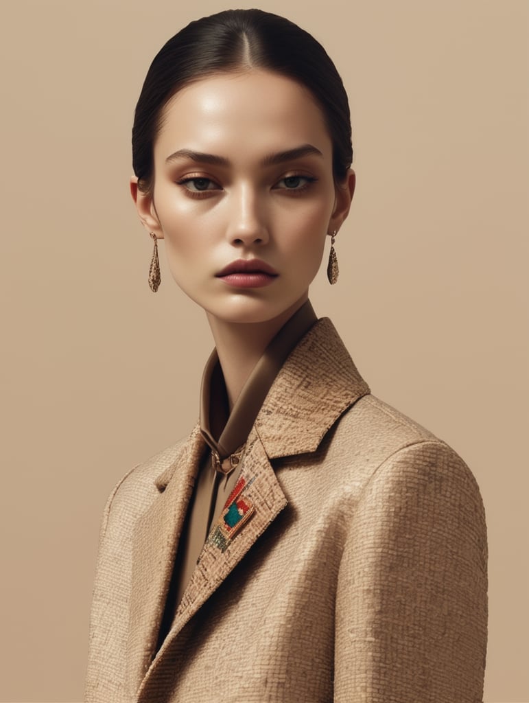 broken pixels portrait, vogue aesthetic, gucci style. beige tones, skinny