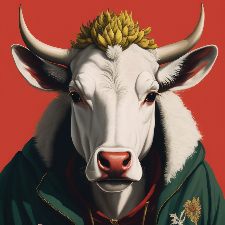 white cow , face smile,portrait, red hoodie, green mohawk, vintage, photorealistic illustration, vector, flat, isolated on white background, Painting, Oil, Still Life, Botanical, Italy, style of Giuseppe Arcimboldo