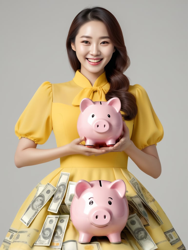 4k high resloution hd image,Korean woman happy smile lady and holding piggy bank with money, dresses yellow, isolated over white background