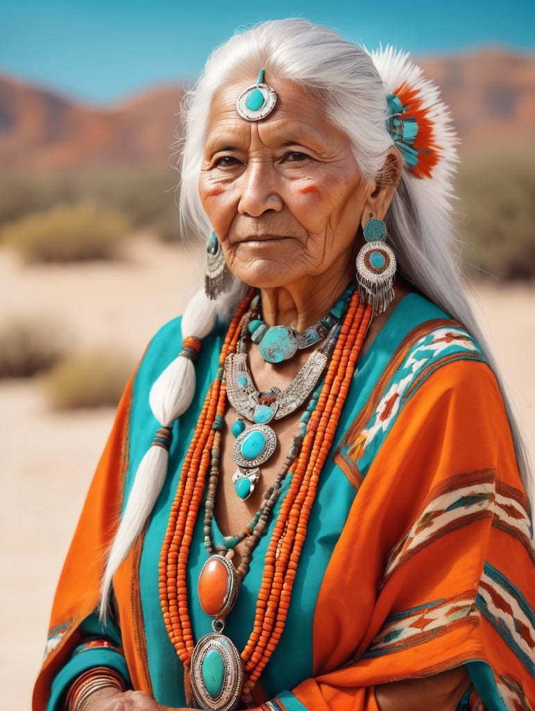 native american old woman is dressed in national clothes and jewelry, white hair, orange and turquoise colors, bright colors, high detail of the image,