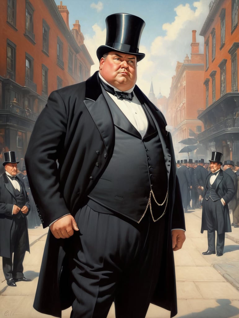 Portrait of a very rich obnoxious and polished fat businessman, wearing a black tailcoat and a black top hat, looking up with an arrogant look, standing in the middle of the street, early 19th century, style by Gil Elvgren