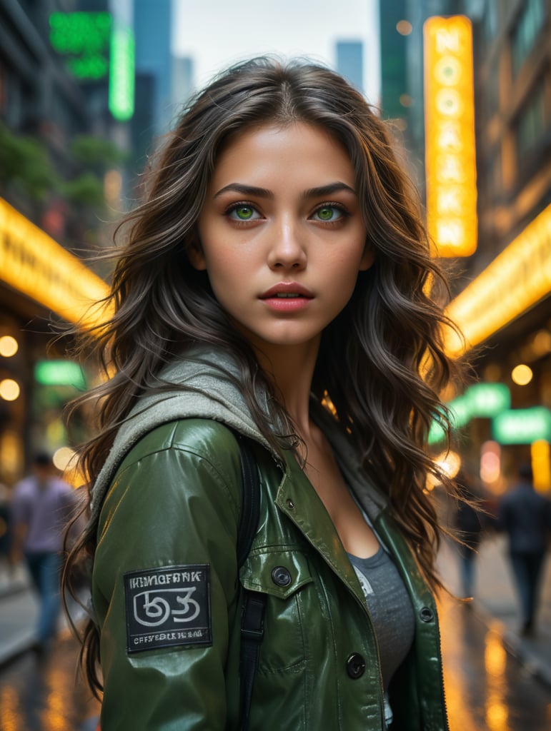 (extremely intricate:1.3), (realistic), photo of a girl in a bustling metropolis, weaving through crowded streets and dark alleyways, close up, Detailed clothes, green eyes, flowing hair, determined expression, shiny glossy skin, subsurface scattering, (sharp:0.7), [(colorful explosion psychedelic paint colors:1.21)::0.05], amazing fine detail, Nikon D850 film stock photograph Kodak Portra 400 camera f1.6 lens, rich colors, lifelike texture, dramatic lighting, urban environment, skyscrapers, neon signs, street vendors, dynamic composition, unreal engine, trending on ArtStation, cinestill 800 tungsten , volumetrics dtx, (film grain, blurry background, blurry foreground, bokeh, depth of field, motion blur:1.3)