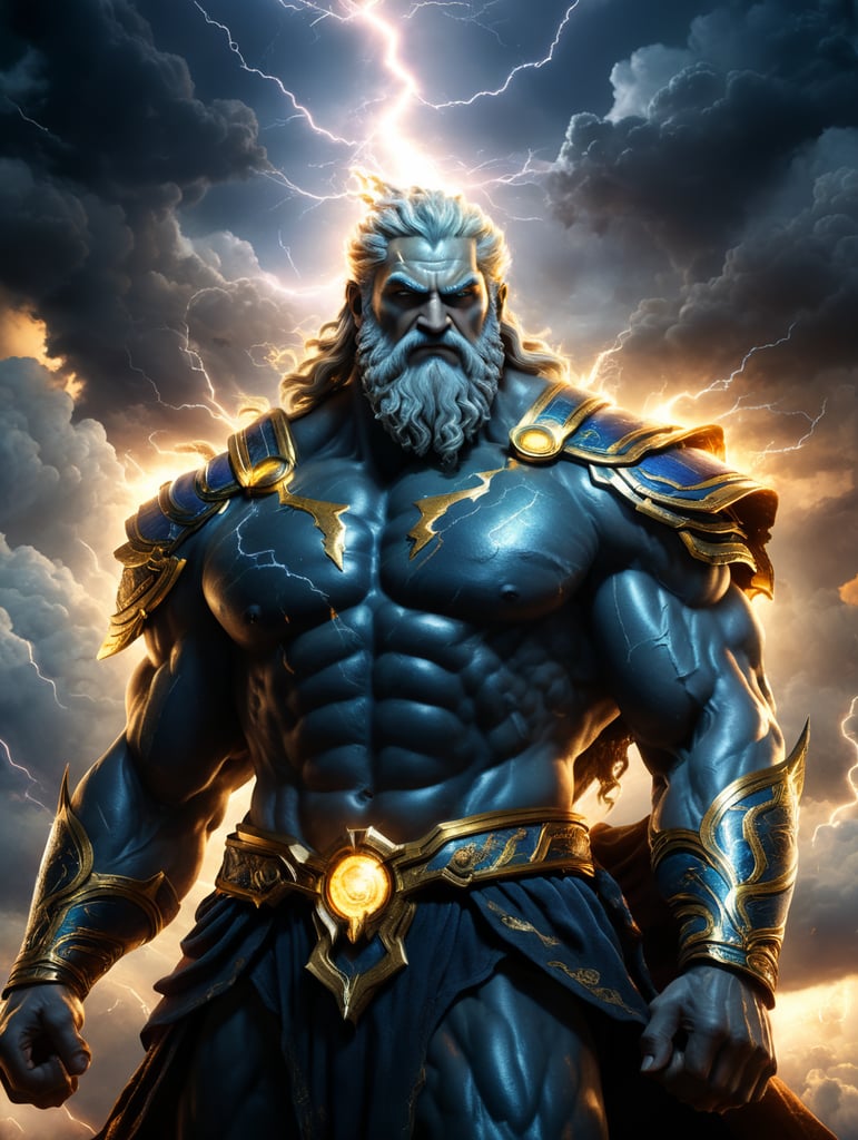 Create me an very high qualtiy picture of Zeus in the Sky with lightningstrikes in the background