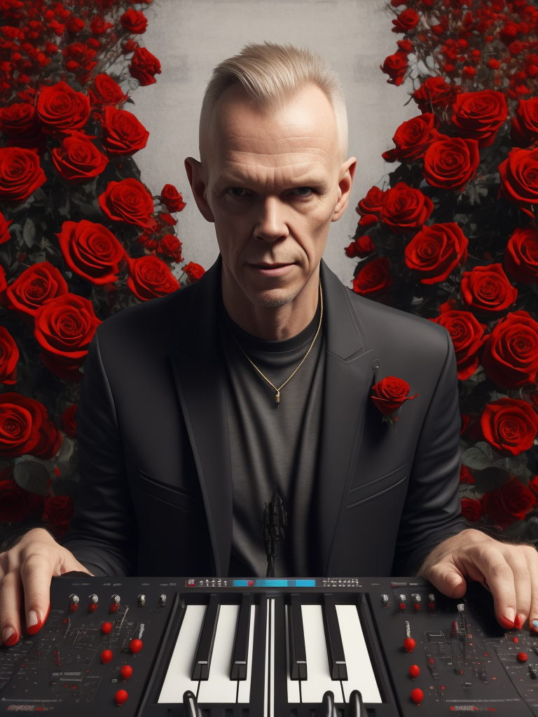 vince clarke con rosas rojas y botones de sintetizadores