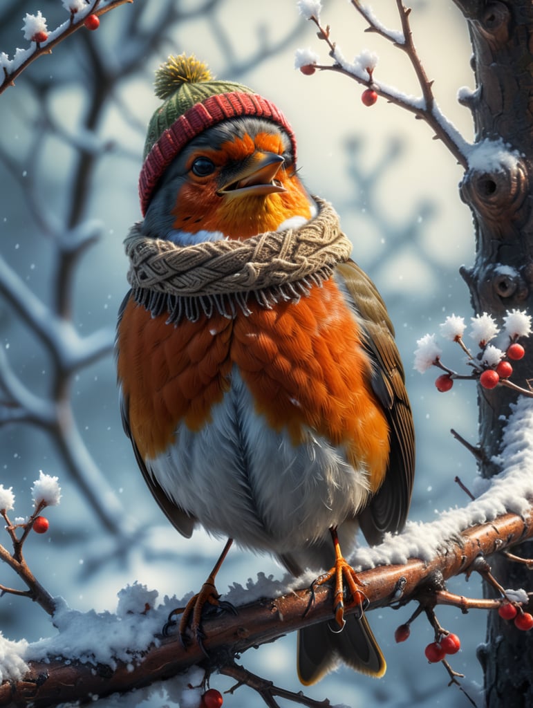 A robin sitting on a snowy branch, beak open singing, wearing a woolly hat and scarf