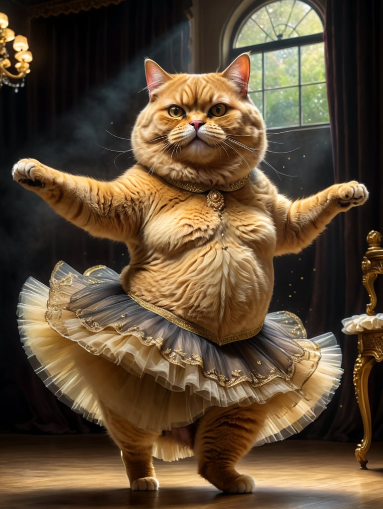 Giant fat golden British cat in a tutu dancing ballet