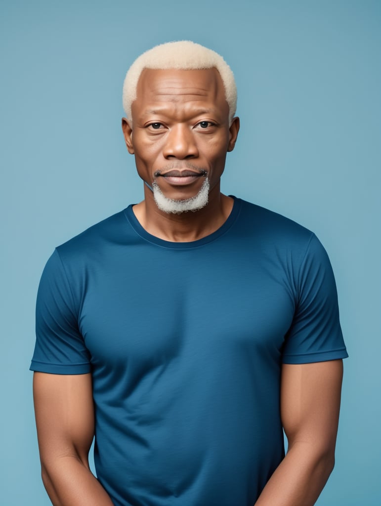 A middle-aged African albino man wearing a black T-shirt, isolated, blue background, mockup, mock up