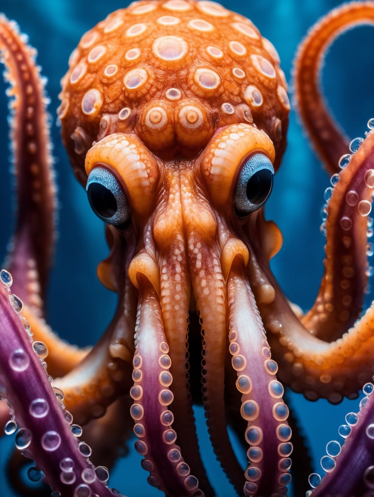 Octopus photography, extreme close up of an octopus showing its tentacles in a blue background, in the style of darkroom photography, orange and magenta, fluid simplicity