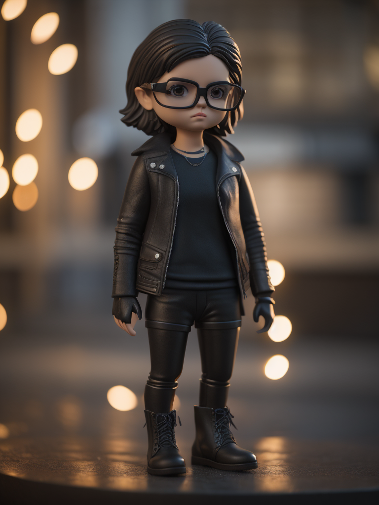 Full body Plastic figurine of a brutal chick, black glasses, leather jacket, black boots, 3d octane render, funko pop,