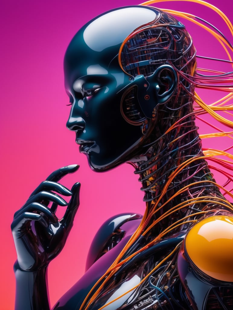 iseneld + abstract biomechanic humanoid dynamic pose portrait made of matte transparent rubber, smooth carbon fibre skin, circuits and sinuous wires, liquid shapes + vibrant color palette, biomorphic, minimalism, surrealism, dither + art station, perfect hands